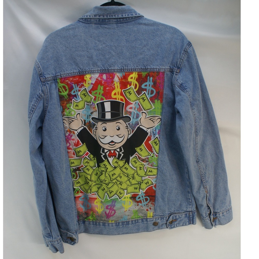 Monopoly Denim Jacket Mens Large Blue Light Wash Rich Uncle Pennybags Graphic